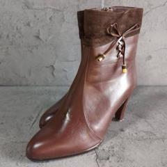 【ショートブーツ】 （22 1/2） リボン レザー ショートブーツ