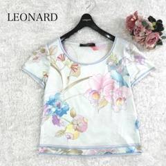 美品✨光沢感 レオナール カットソー トップス トリム 花 バラ ネイビー XL レオナール✨カットソー トップス 花 トリム 蘭 半袖 ボート