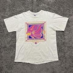 USA製 90s アート 絵画 魚 ラメプリント ヴィンテージtシャツ グレー