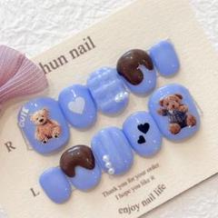 キッズネイルチップ　ハンドメイド　クマネイル　チョコネイル　子供ネイルチップ