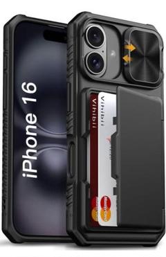 iPhone 16用 ブラック ケース カードホルダー付き