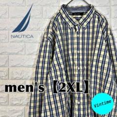 V720【NAUTICA】刺繍ロゴボタンシャツ【メンズ2XL】チェック柄