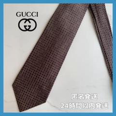 【美品】GUCCI グッチ シルク100% ネクタイ ロゴ ブラウン ゴールド