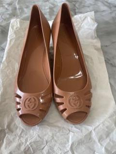 GUCCI ラバーレインシューズピンクべージュウェッジソール25cm