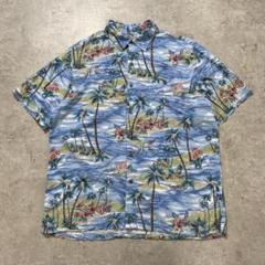 アメリカ古着 星条旗 アロハシャツ ブルー ヤシ 総柄 レーヨンL【SS028】