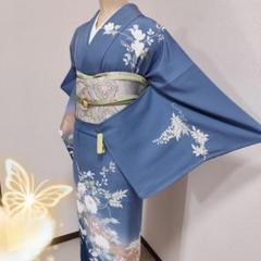 訪問着フルセット　着物　正絹　水色　花　金彩加工　銀　百合子　落款　Ｇ12 訪問着 フルセット 正絹 付け下げ 着物 金銀 絞り 花 水色 H9