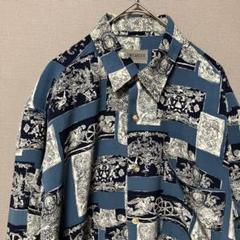 セントアーサー　レトロ総柄長袖シャツ(F)ブルー　90s'ヴィンテージ