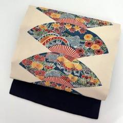 名古屋帯 紅型 型染め 縮緬 草木染め 扇 九寸 着物 正絹 T-8147 名古屋帯 紅型 型染め 縮緬 草木染め 扇 九寸 着物 正絹 T-8147