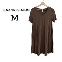ZENANA PREMIUM ブラウン Vネック 半袖 ワンピース M 夏服