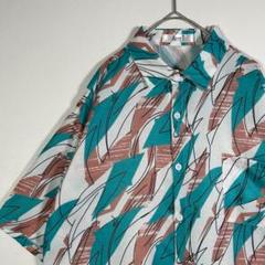 美品　ヴィンテージ　ポリシャツ　半袖　デザイン　総柄　レトロ　古着　爽やか白水色