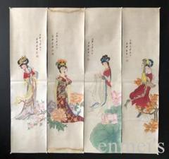 中国古美術・仕女人物四条屏画芯・唐寅印款・水墨彩色画・純手描き・文房置物・宣紙・ 中国古美術・仕女人物四条屏画芯・唐寅印款・水墨彩色画・純