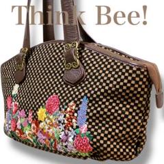 シンクビー 良品 花柄刺繍 チェック 裏地ジャガード 肩掛け可 ハンドバッグ