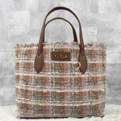 美品 フルラ ツイード トートバッグ エラ ロゴ金具 ファスナ マルチカラー 美品 フルラ ツイード トートバッグ エラ ロゴ金具 ファスナ