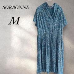 美品　SORBONNE　ブルー　花柄　半袖ロングワンピース　Mサイズ