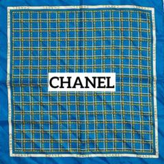 ★CHANEL★ ミニスカーフ チェック チェーン シルク ブルー