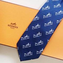 美品 エルメス HERMES ネクタイ シルク フランス製 ネイビー 総柄
