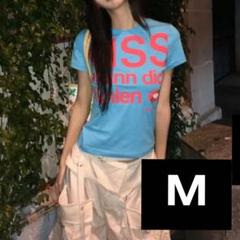 Tシャツ　Mサイズ y2k　ピチT　　ロゴ　平成ギャル　水色　グランジ　水色