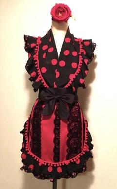 エプロン　ショート　黒ピンクバラ柄　黒フリル　ピンクポンポン・レース　フラメンコ エプロン ショート 黒ピンクバラ柄 黒フリル ピンクポンポン