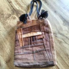 ☬酒袋リメイク☬Vintageロゴ縫い付け/ハーフムーンバッグ/柿渋染め/古布 90772c1fd50c4d11cc7e4580f5584a