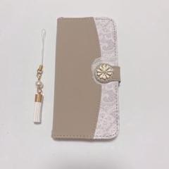 iPhone6Splus ケースアイフォン ベージュ 手帳型 お花 ストラップ
