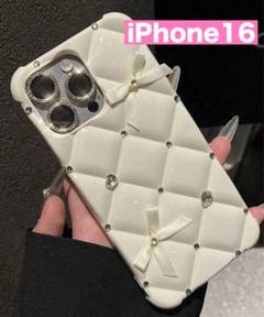 iPhone16 ケース キルティング リボン キラキラ ストーン ホワイト 白