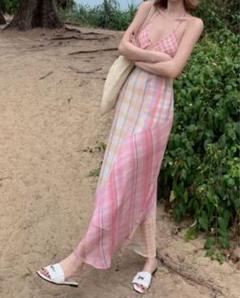 春夏お出かけチェック柄ワンピース❤️ロング丈バイカラーで女子会やデートにも最適