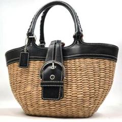美品 COACH カゴバッグ ハンドバッグ 麦わら素材 レザー