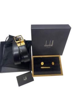 ⭐️dunhill⭐️ 黒レザーベルト ネクタイピン　カフス　ブラック　ゴールド
