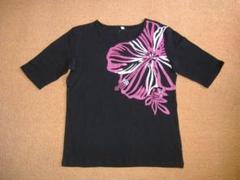 【月末セール！】５分袖Ｔシャツ◎ビッグハイビスカス◎黒◎Ｌサイズ