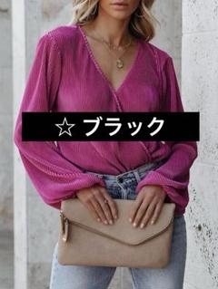 売り尽くし❣️ レディース　プリーツ ブラウス ブラック Lサイズ バルーン