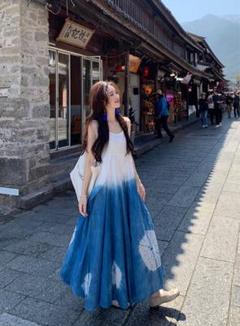 爽やか藍染ロングワンピース❁夏のお出かけ＆デートにピッタリ