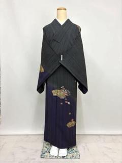 付け下げ黒地菱地紋花地紋グラデーション着物044a p