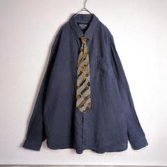 ネクタイシャツ (XL) ボタンダウン ネクタイ付き リネン100% 紺色 古着