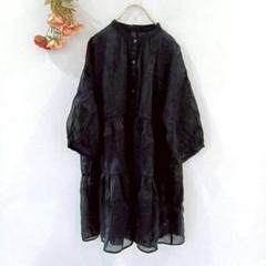 ★ジーユー★GU ノーカラー シアー ワンピース【L】チュニック 前ボタン 黒