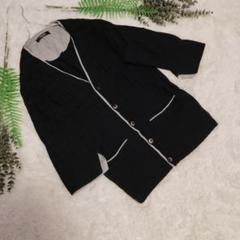 カーディガンネックシャツ　ストライプ柄菱形プリーツ　紺色 (L) PLUSONE