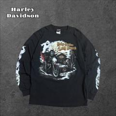 Harley Davidson ハーレーロンTスモークフレイムスカルブラック古着