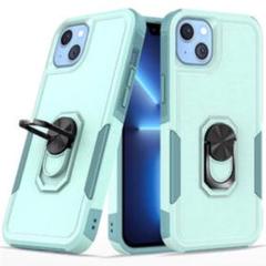 iPhone14ケース グリーン 360°リングスタンド 保護フィルム付き