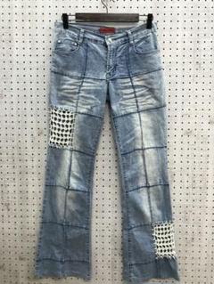 00's ボヘミアン 古着 クロシェニット切替 パッチワークデニムフレアパンツ