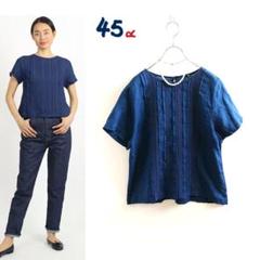 美品■45R リネン100％ 洗える インディゴタックレース×天竺Tシャツ