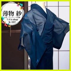 稀少 薄物 紗✨️小紋 不思議柄 紺色 透け感 広衿 夏物 高級品 昭和レトロ