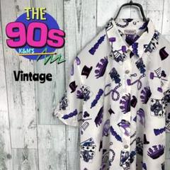 80's レトロ古着　トランプ柄　メタルボタンポリエステルシャツ　個性派　派手