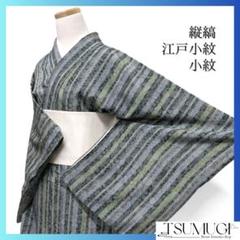 小紋　江戸小紋　縦縞　菊　桐の花　花模様　七宝　グリーン　着物　021a d