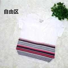 自由区 cangioli マルチボーダー Vネック 半袖Tシャツ 白 カットソー