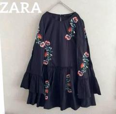 未使用！ZARA刺繍入り黒チュニック ZARA 刺繍 ワンピース チュニック 美品 ザラ 花 黒|mercari