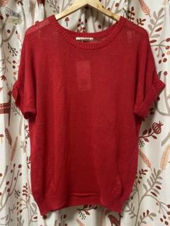 大人女性の 新品 アダムエロペ 綿麻 ラミー 天竺 半袖ニット 赤 レッド トップス