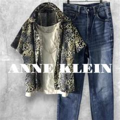 ANNE KLEIN 総柄半袖ブラウススカートセットアップ黒ゴールドMサイズ