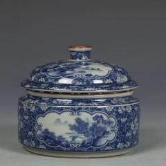 景徳鎮 磁器 青花氷梅山水人家蓋缶 茶葉缶 現代工芸品 美術品 装飾品 青花氷梅山水紋茶缶蓋缶 景徳鎮 陶磁器 装飾品 現代工芸品美術品