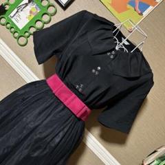 レトロ古着 タック襟＆お洒落ボタン✧ 半袖ブラウス ヴィンテージ 古着 黒
