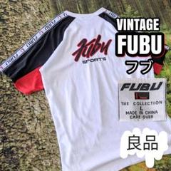 希少良品90年代ヴィンテージFUBUフブ両面刺繍ロゴリブラインコットンTシャツ