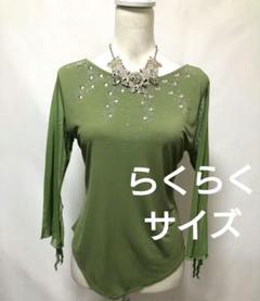 社交ダンス練習着パーティー。グリーン系ビジュトップスドレスらくらくサイズ